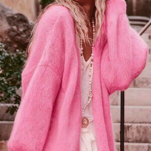 Pink Casual Women's Elegant Plus Size Long Sleeve Knit Cardigan